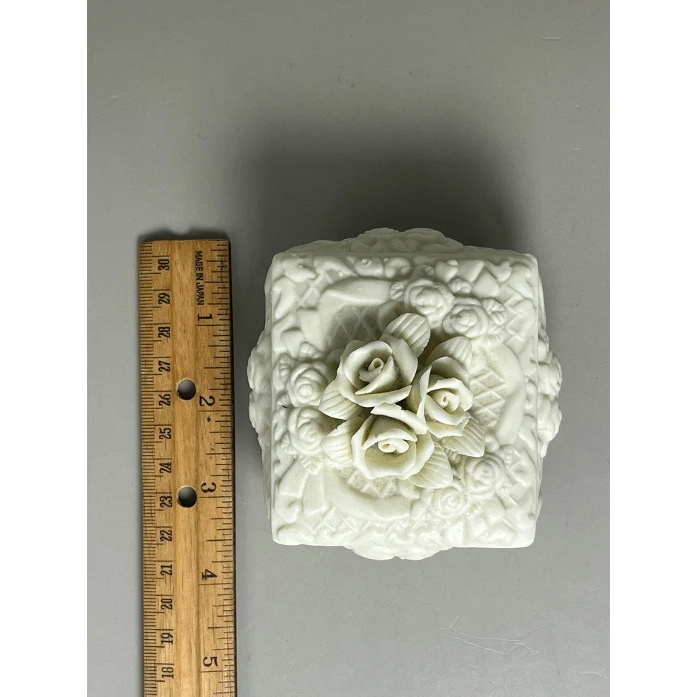 White Porcelain Bisque Jewelry Trinket Dish Roses Victorian 3